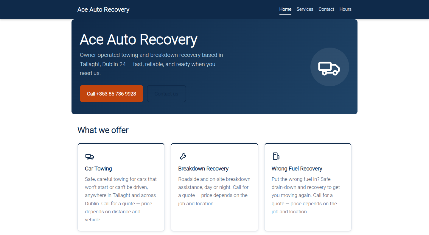Homepage of the Ace Auto Recovery website, a Dublin car recovery and towing business